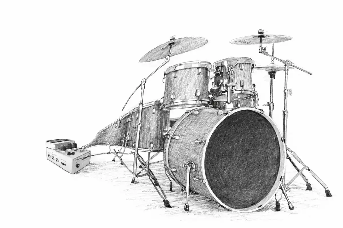drumset-coming-out-of-beatbuddy-pedal-drawing An acoustic drumset coming out of BeatBuddy pedal, like Genie from a bottle.