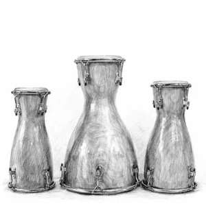 A pencil sketch of 3 bata drums siting upside down.