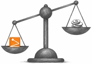 Pencil sketch of a scale with GoranGrooves logo on one end and a pile of coins on another.