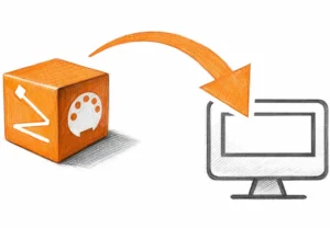 Orange installer box with GoranGrooves logo and a MIDI icon on the left with an arrow pointing towards a computer screen. A pencil sketch.
