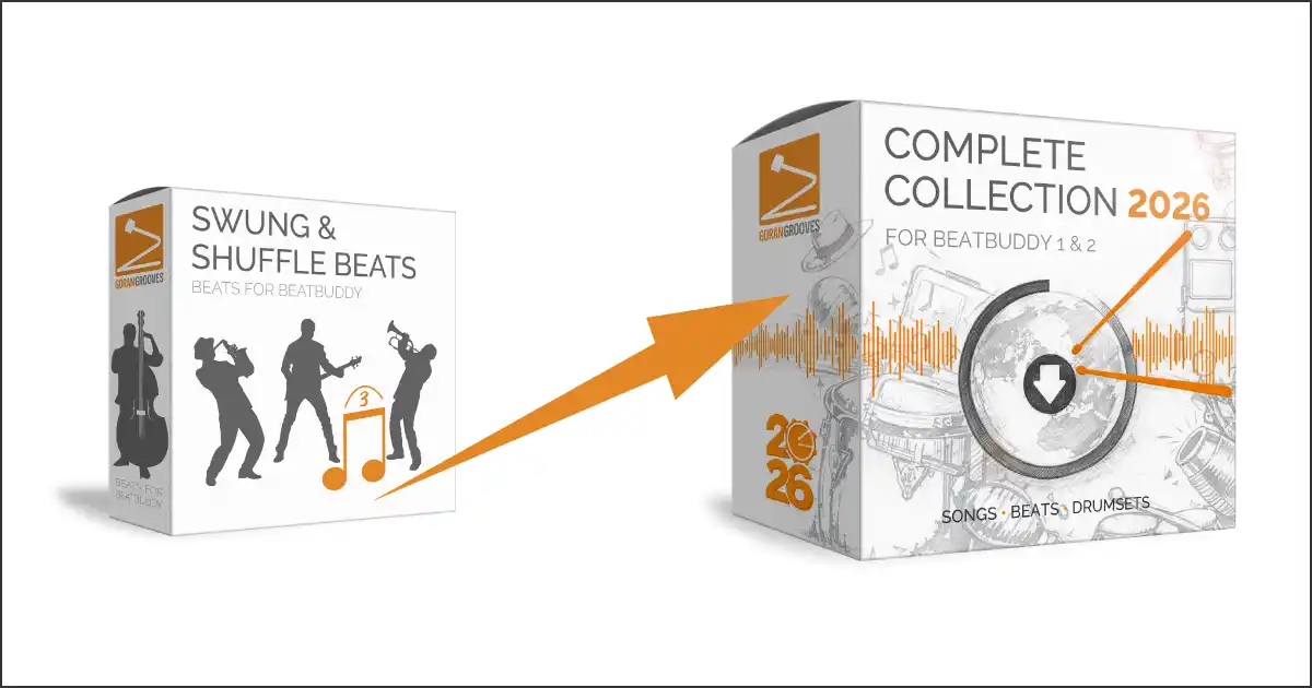 3D box artwork for a BeatBuddy beat pack with an orange arrow pointing to 3D box artwork for the Complete Collection for BeatBuddy product bundle.