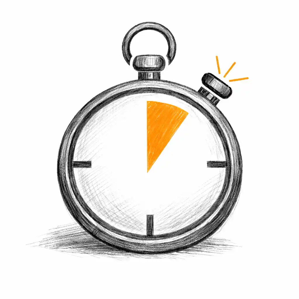 A stopwatch icon indicating a short amount of time has passed when the stop button has been pressed, representing how quickly Handy Drums can be used for great results.