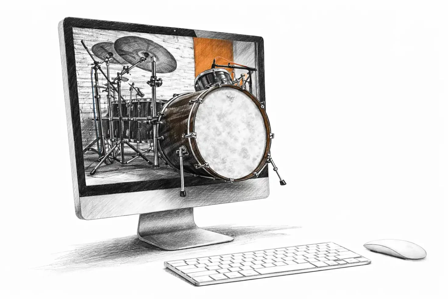 Drum set with kick drum sticking out from computer screen
