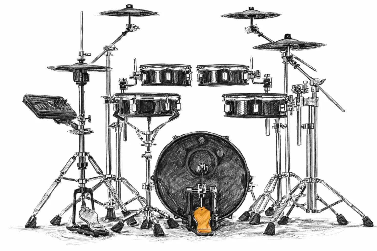 Behind the electronic v-drums kit.